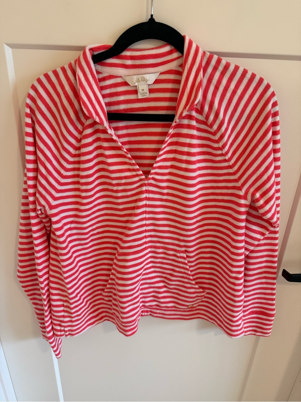 Lilly Pulitzer M Pink White Striped Terry Polo Pullover Long Sleeve Top